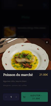 La fiche d'un plat : grande photo du poisson du marché, description, allergènes, quantité et bouton « Ajouter ».