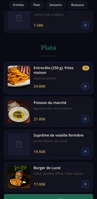 La commande à emporter sur téléphone : les plats avec photo et prix, l'entrecôte déjà ajoutée, et le bouton « Voir mon panier ».