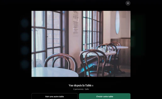 Réservation en ligne chez « Chez Lucie » : le client a touché la table 1 sur le plan de salle et voit la photo de la vue depuis cette table, avec les boutons « Voir une autre table » et « Choisir cette table ».