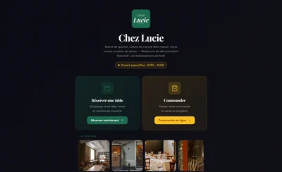 Le site de « Chez Lucie » sur ordinateur, à ses couleurs : logo, présentation, horaires du jour, boutons « Réserver maintenant » et « Commander en ligne », photos de la maison.